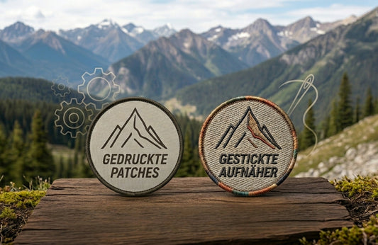 Gedruckte Patches vs Gestickte Aufnäher auf einem Tisch