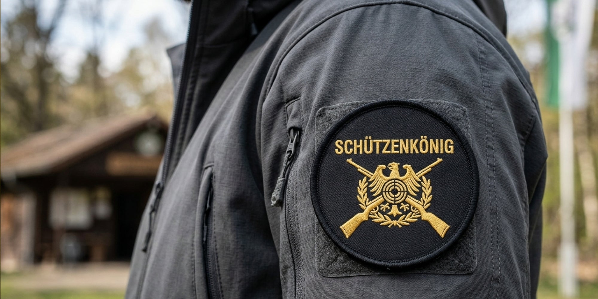 Runder Schützenkönig Patch auf einer Jacke mit Klett